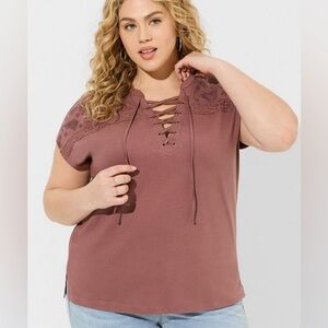 Torrid Heritage Knit Rose Taupe Lace-Up Blouse